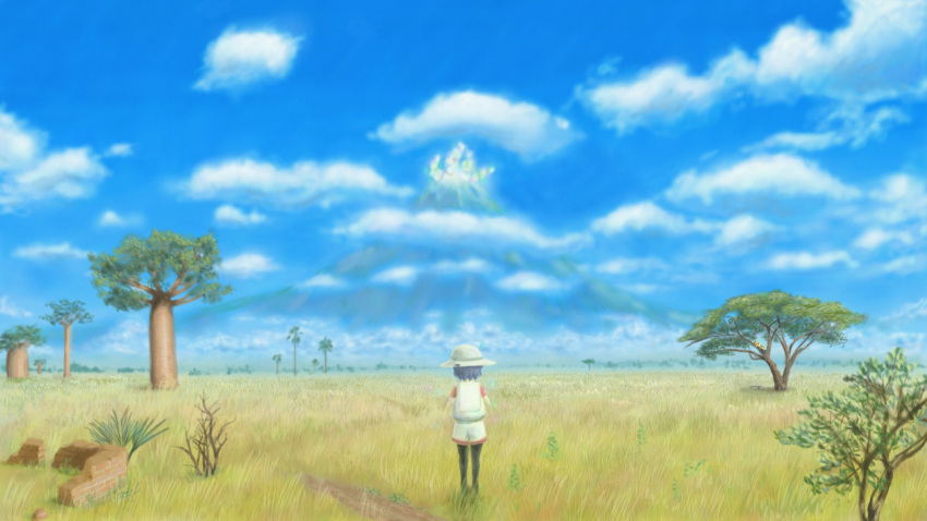 1girl backpack bag baobab black_hair black_legwear brick_wall bucket_hat clouds commentary_request day from_behind grass hat hat_feather highres kaban_(kemono_friends) kemono_friends mountain outdoors pantyhose red_shirt sandstar savannah scenery shigaraki_tojirou shirt short_hair short_sleeves shorts sky solo standing tree white_shorts