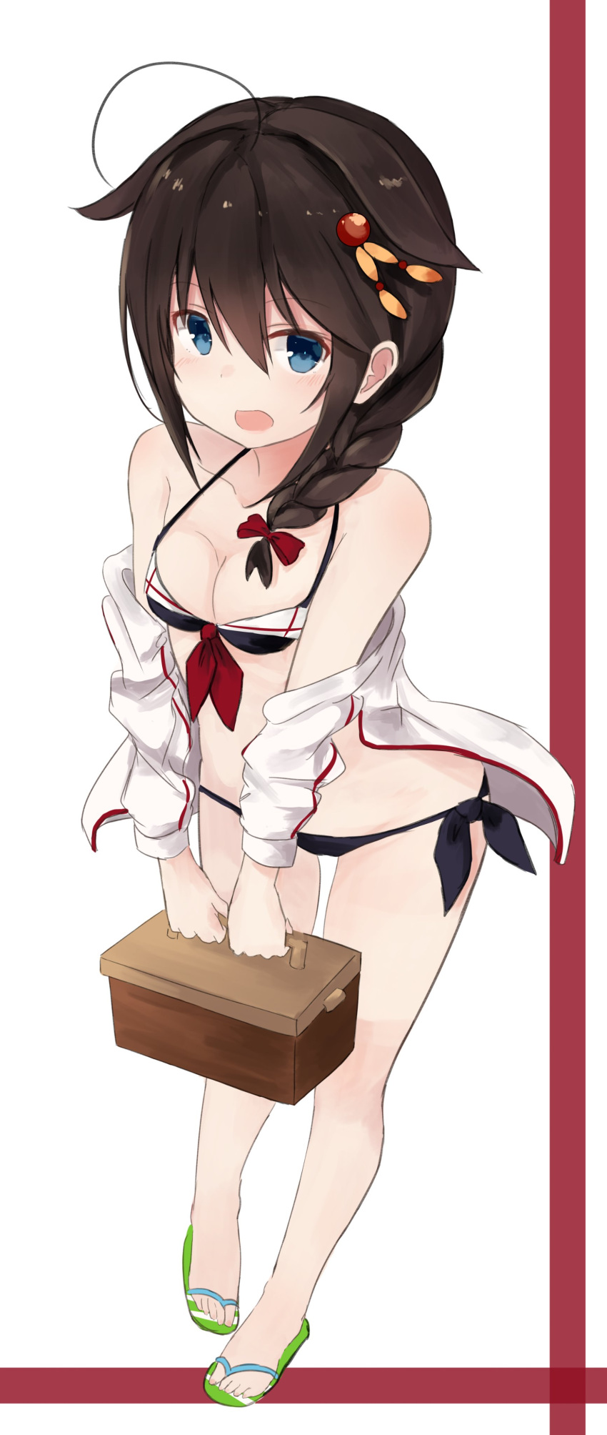 1girl absurdres ahoge bikini black_bikini black_hair blue_eyes box braid breasts cleavage clothes_around_waist collarbone hair_between_eyes hair_flaps hair_ornament highres holding holding_box jacket jacket_around_waist kantai_collection long_hair long_sleeves looking_at_viewer open_mouth panties remodel_(kantai_collection) sandals shigure_(kantai_collection) side-tie_panties single_braid small_breasts solo swimsuit underwear white_jacket yuki_(yukin0128)