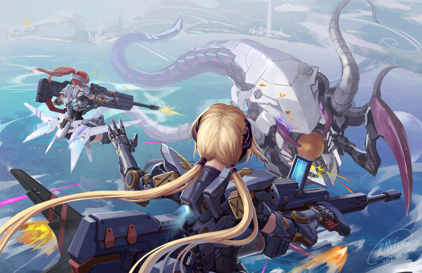 2017 2girls artist_signature blonde_hair clouds dated firing flying from_behind gauntlets gun highres jet_engine monster multiple_girls ocean original ponytail redhead rifle river shorts shou_mai spaulders tower twintails water weapon wings