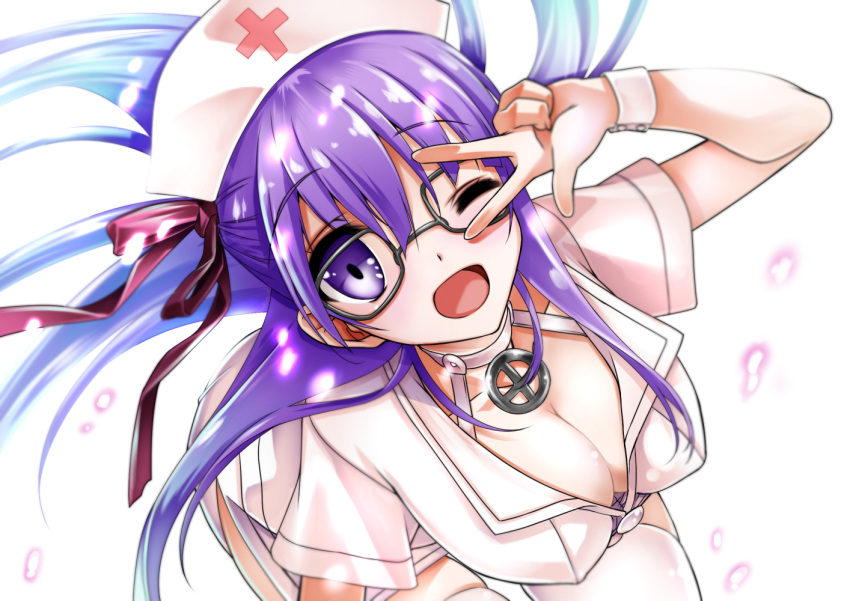 1girl bb_(fate/extra_ccc) breasts fate/extra fate/extra_ccc fate_(series) glasses hair_ribbon hat long_hair looking_at_viewer nurse nurse_cap one_eye_closed purple_hair ribbon seizan_shouji solo thigh-highs v very_long_hair violet_eyes