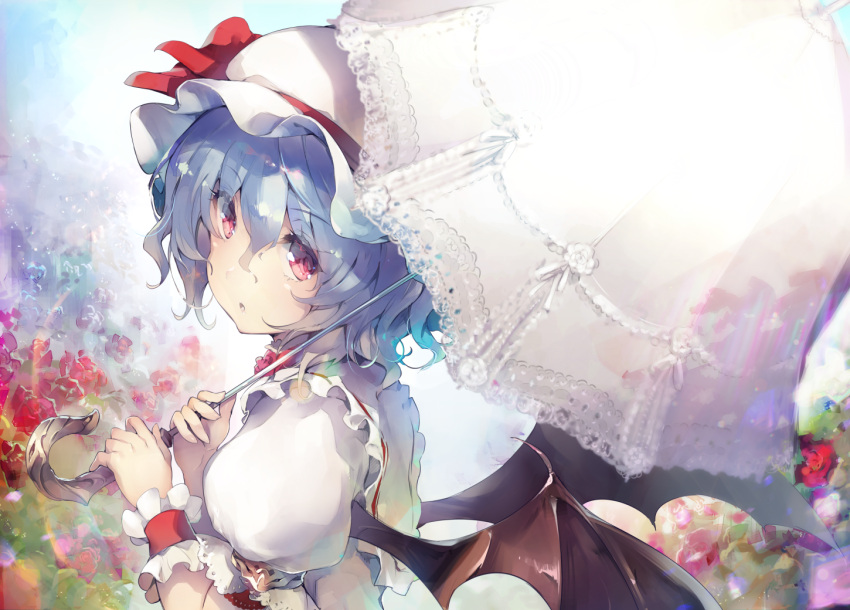 1girl bat_wings blue_hair day deecha hair_between_eyes hat hat_ribbon holding looking_at_viewer mob_cap outdoors parasol puffy_short_sleeves puffy_sleeves red_eyes red_ribbon remilia_scarlet ribbon short_sleeves solo touhou umbrella upper_body wings wrist_cuffs
