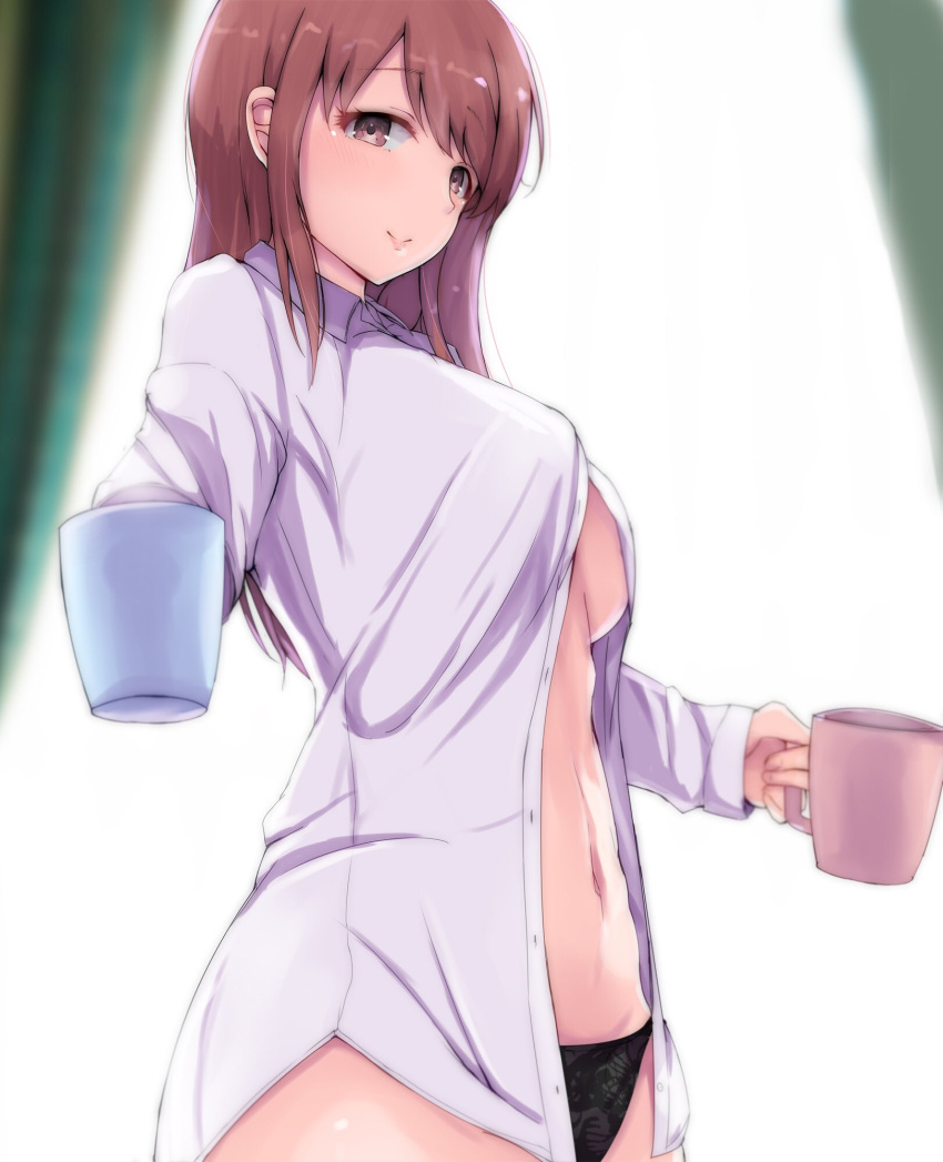 1girl bangs black_panties blurry blurry_background breasts brown_eyes brown_hair coffee_mug commentary_request curtains dress_shirt eyebrows_visible_through_hair highres idolmaster idolmaster_cinderella_girls long_hair looking_at_viewer looking_to_the_side medium_breasts mifune_miyu navel offering_drink panties ryuu. shirt smile solo standing unbuttoned under_boob underwear white_shirt