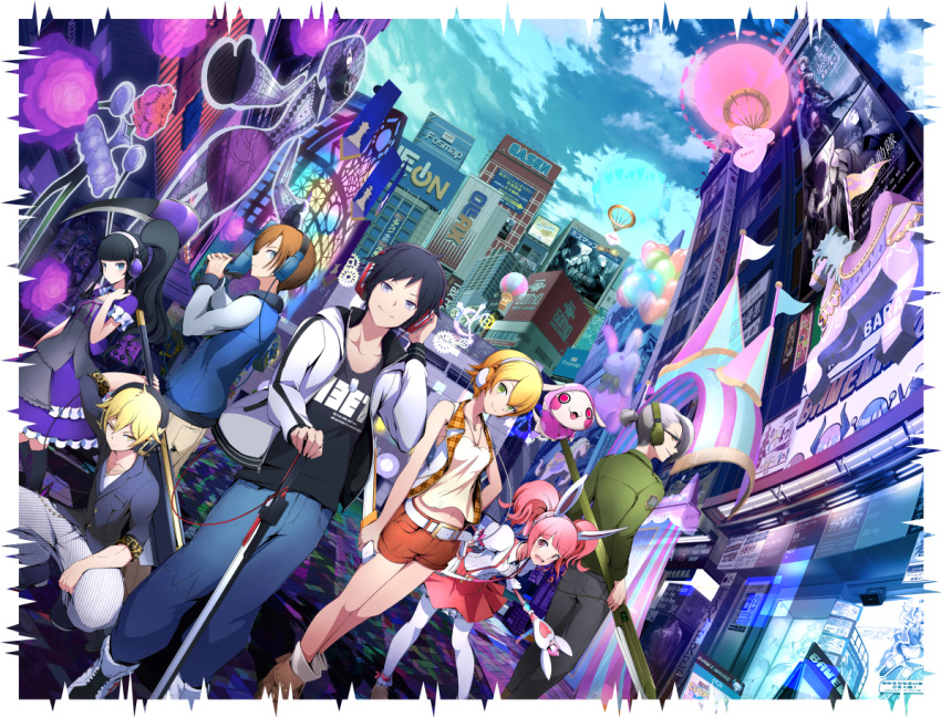 3girls 4boys aihara_mizuki akiba's_beat animal_ears black_hair blonde_hair blue_eyes breasts brown_hair building city collarbone fake_animal_ears frills green_eyes gun hair_ornament hand_on_hip headphones holding holding_weapon hongo_yamato hoshino_saki jacket lights long_hair momose_riyu multiple_boys multiple_girls navel official_art open_mouth outdoors pin-kun pink_hair ponytail rabbit_ears sanada_kotomi shinomiya_reiji short_hair shorts skirt sky skyscraper smile standing suspender_skirt suspenders sword tachibana_asahi tagme twintails ucmm weapon white_hair