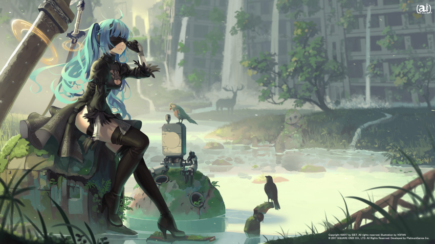 1girl ahoge ai-chan_(playstation) aqua_hair arm_at_side artist_name bangs bird black_dress black_gloves black_legwear blindfold blurry boots breasts character_name cleavage cosplay covered_eyes deer dress feather-trimmed_sleeves game_console gloves grass hand_on_own_face high_heels highres huge_weapon katana light_particles long_hair machinery magic_circle medium_breasts nature nier_(series) nier_automata official_art outdoors parted_lips plant playstation pod_(nier_automata) pond puffy_sleeves ripples ruins square_enix stone stream sword thigh-highs thigh_boots thigh_strap thighhighs_under_boots tree turtleneck twintails very_long_hair vofan water waterfall watermark weapon weapon_on_back yorha_no._2_type_b yorha_no._2_type_b_(cosplay)