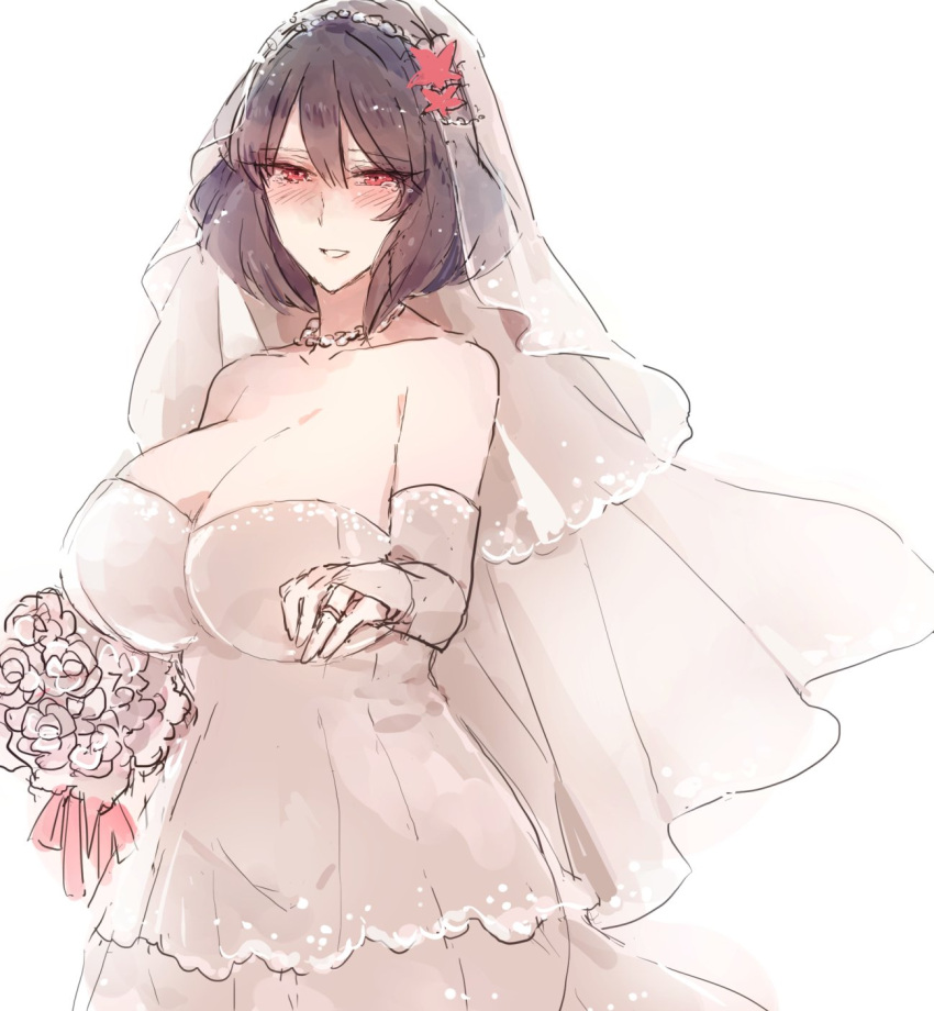 1girl alternate_costume bangs bare_shoulders blush bouquet breasts bridal_gauntlets bridal_veil bura cleavage collarbone commentary_request dress flower hair_between_eyes happy highres hips huge_breasts jewelry looking_at_viewer necklace nose_blush purple_hair red_eyes ring shiny shiny_hair short_hair simple_background smile solo tearing_up touhou veil wedding_band wedding_dress white_background white_dress white_flower yasaka_kanako