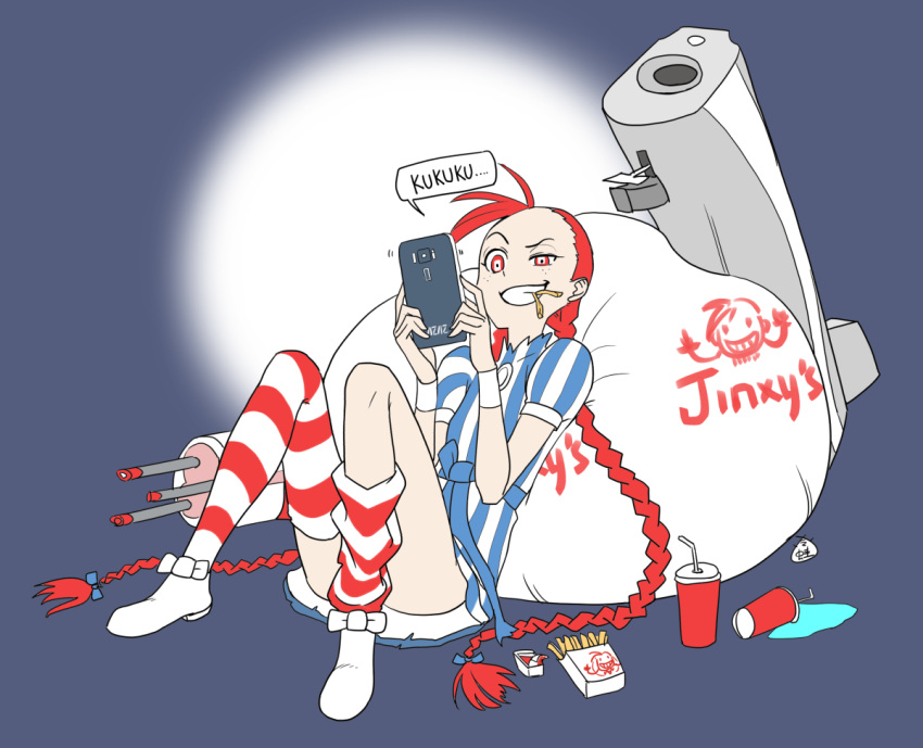 1girl alternate_costume alternate_hair_color bat cellphone character_name commentary_request cosplay flat_chest food freckles french_fries jinx_(league_of_legends) ketchup league_of_legends leaning_back leng_wa_guo parody phone red_eyes redhead signature sitting smartphone smirk soda_cup solo striped striped_legwear thigh-highs wendy's wendy_(wendy's) wendy_(wendy's)_(cosplay)