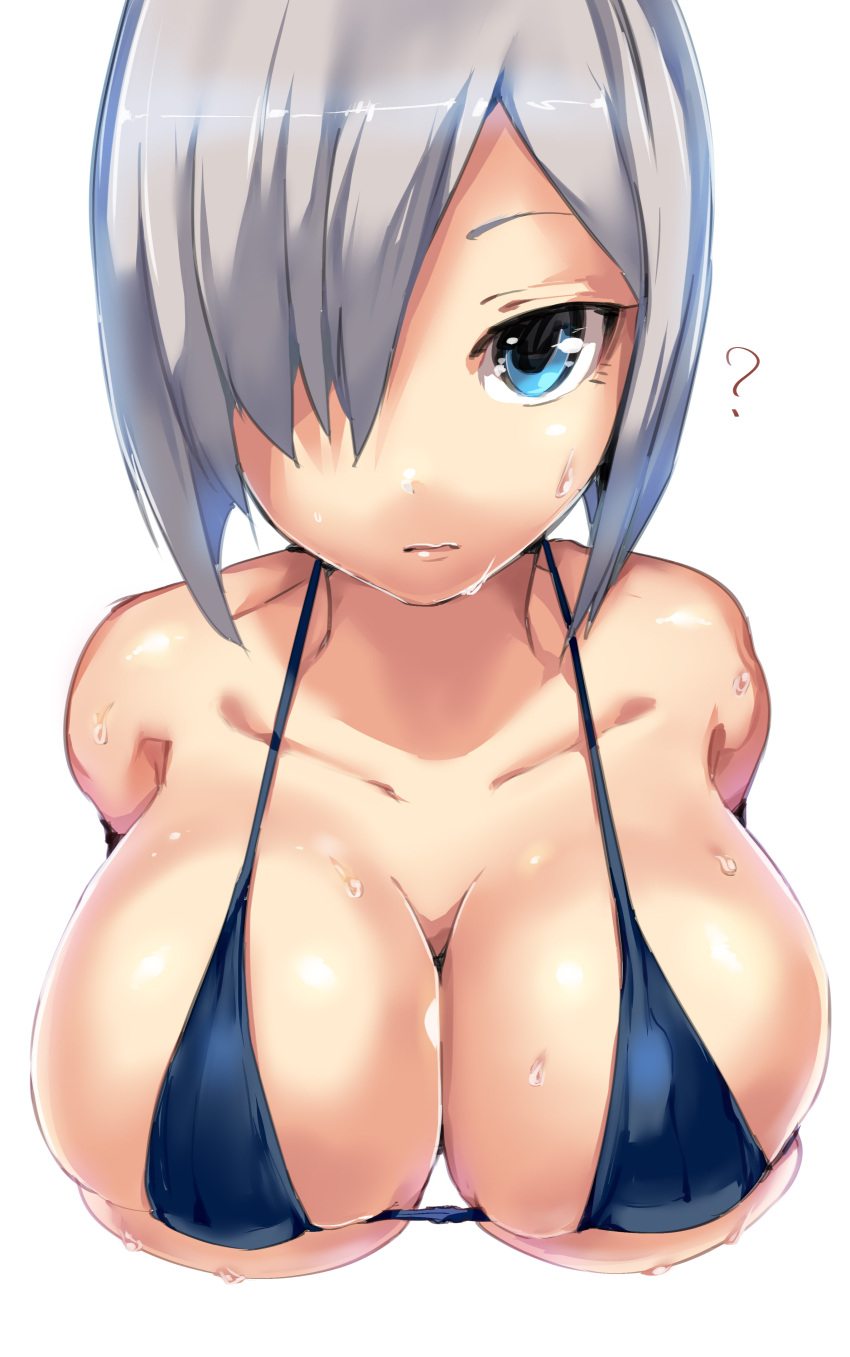 1girl ? absurdres armadillo-tokage bikini blue_bikini blue_eyes breasts cleavage collarbone commentary_request hair_over_one_eye hamakaze_(kantai_collection) highres kantai_collection large_breasts looking_at_viewer short_hair silver_hair simple_background skindentation solo swimsuit upper_body wet white_background