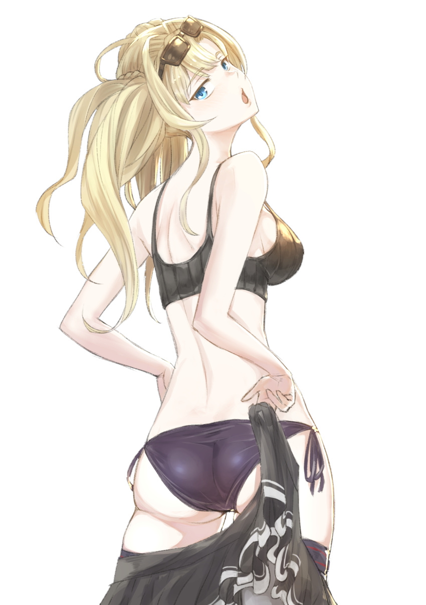1girl absurdres ass back bangs bare_arms bare_shoulders bikini black-framed_eyewear black_ribbon blonde_hair blue_eyes breasts commentary_request cowboy_shot emoshon eyebrows_visible_through_hair from_behind granblue_fantasy highres holding legs_together long_hair looking_back medium_breasts open_mouth ribbon sarong shoulder_blades side-tie_bikini sideboob simple_background skindentation solo standing strap_gap sunglasses sunglasses_on_head swimsuit thigh_strap tsurime twintails undressing white_background zeta_(granblue_fantasy)
