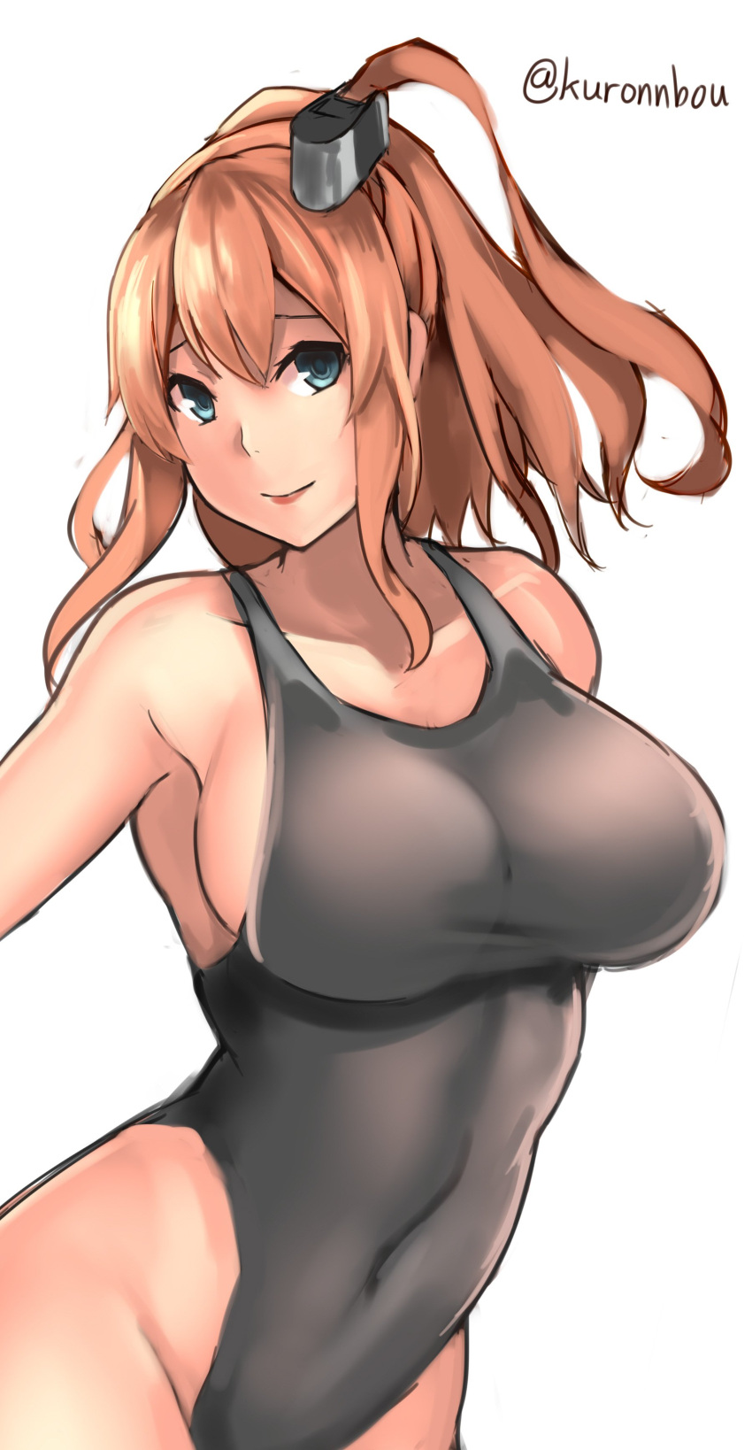 1girl absurdres black_swimsuit blue_eyes brown_hair competition_swimsuit covered_navel cowboy_shot hair_between_eyes highleg highleg_swimsuit highres kantai_collection long_hair one-piece_swimsuit ponytail saratoga_(kantai_collection) side_ponytail sidelocks simple_background solo swimsuit twitter_username white_background yashichii