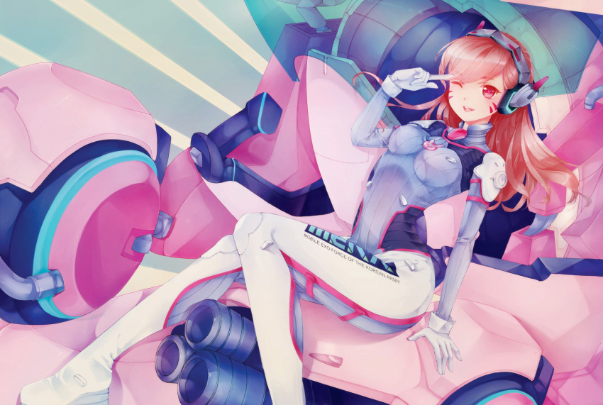 1girl acronym animal_print bangs blue_bodysuit bodysuit breasts brown_eyes brown_hair bunny_print clothes_writing commentary d.va_(overwatch) facepaint facial_mark gloves headphones high_collar impossible_bodysuit impossible_clothes long_hair looking_at_viewer mecha medium_breasts meka_(overwatch) miooo one_eye_closed open_mouth overwatch pilot_suit ribbed_bodysuit shoulder_pads sitting skin_tight smile solo swept_bangs whisker_markings white_gloves