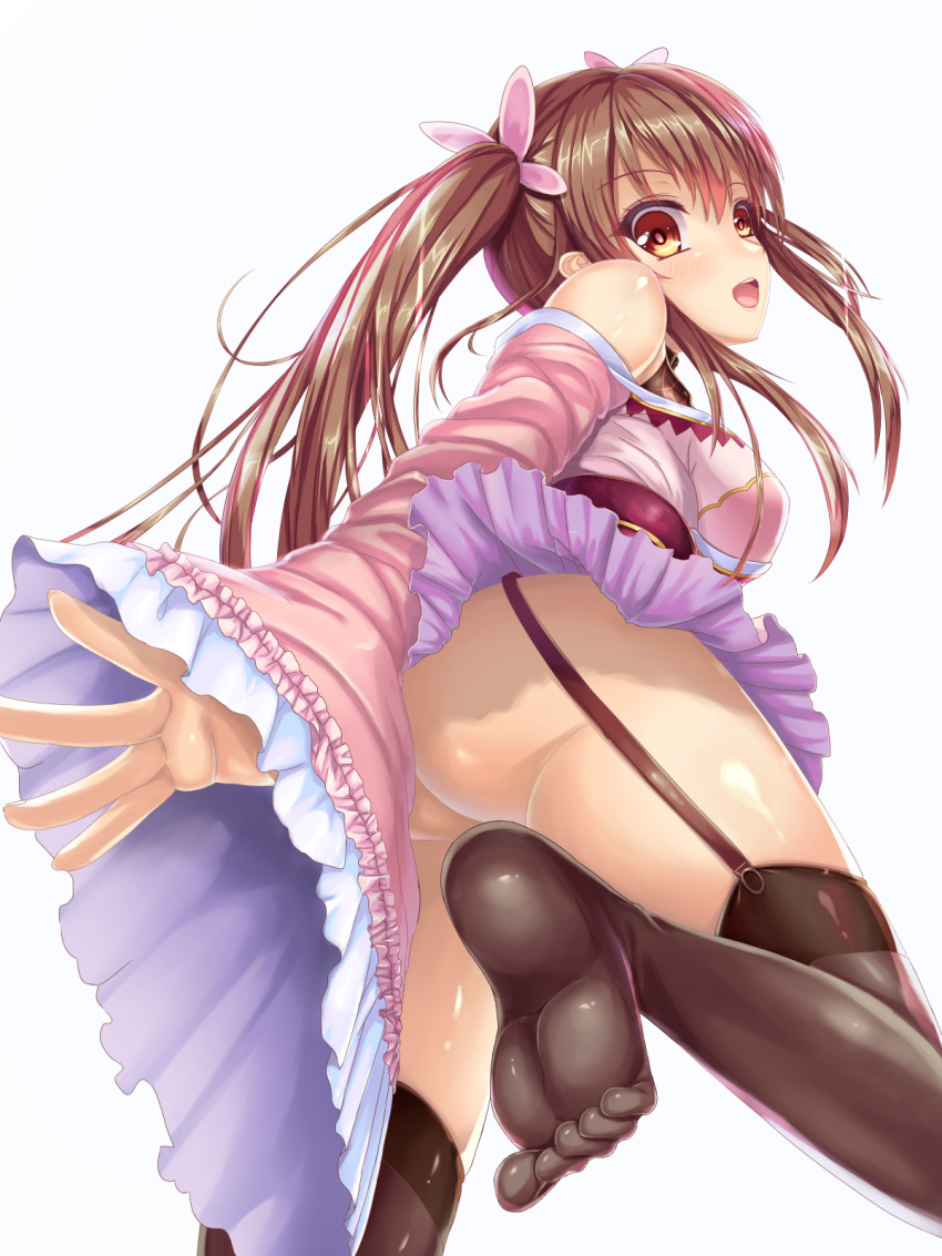 1girl :o ass black_legwear breasts brown_eyes brown_hair frills garter_straps highres junon_(sennen_sensou_aigis) long_hair looking_back medium_breasts no_panties outstretched_hand sennen_sensou_aigis soles solo standing standing_on_one_leg thigh-highs toes tooru_(pixiv12953962) twintails wide_sleeves