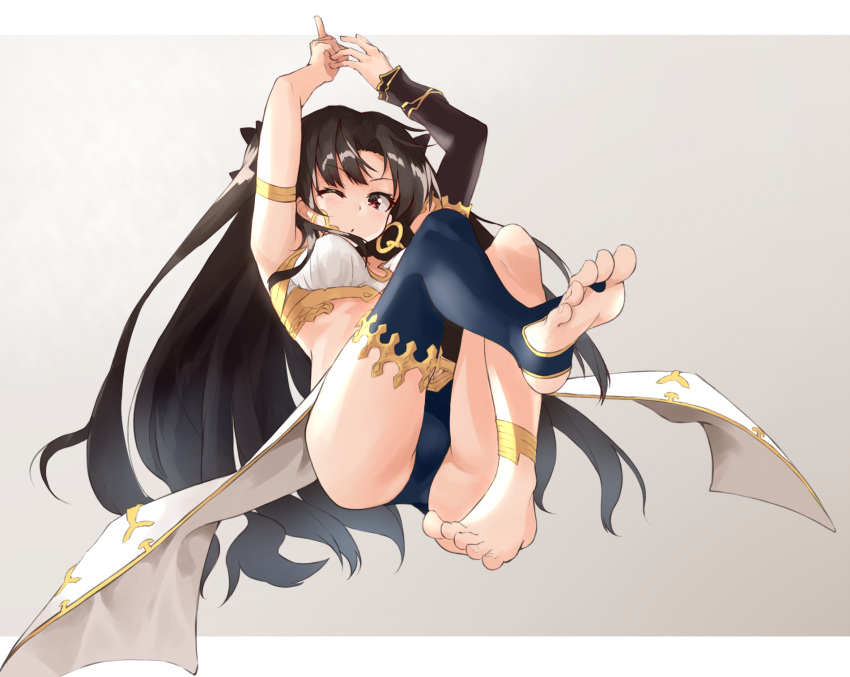 1girl arms_up asymmetrical_clothes barefoot black_hair crown earrings fate/grand_order fate_(series) feet hair_ribbon highres ishtar_(fate/grand_order) jewelry levitation long_hair looking_at_viewer no_shoes one_eye_closed red_eyes ribbon shunichi single_thighhigh soles solo thigh-highs toeless_legwear toes tohsaka_rin