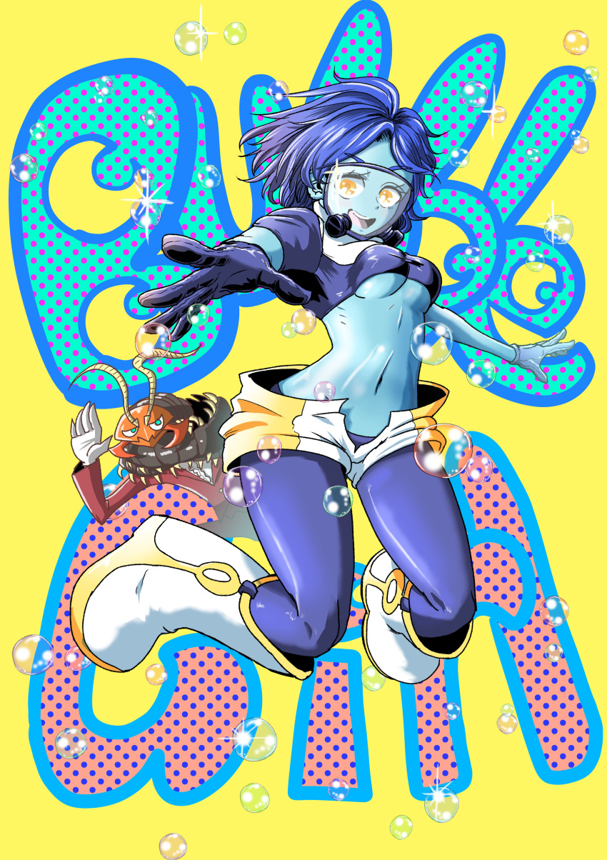 1boy 1girl absurdres aqua_skin blue_gloves blue_hair boku_no_hero_academia breasts bubble bubble_girl centipeder character_name diving_mask full_body gloves highres insect_boy medium_breasts monster_boy navel short_hair short_sleeves shorts simple_background smile solo waving white_shorts yellow_background yellow_eyes