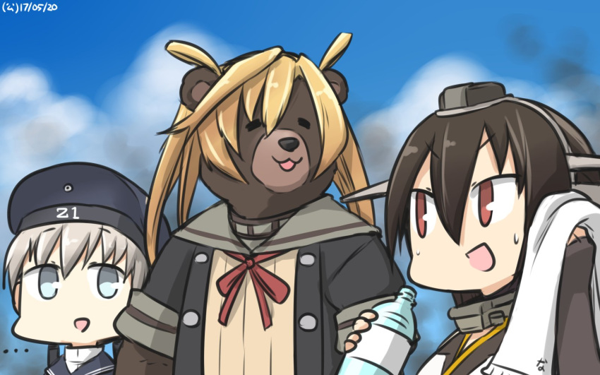 3girls abukuma_(kantai_collection) animalization bear blonde_hair blue_eyes blue_sky bottle bow clouds dated double_bun hair_between_eyes hair_rings hamu_koutarou hat headgear highres kantai_collection long_hair multiple_girls nagato_(kantai_collection) red_eyes remodel_(kantai_collection) sailor_hat school_uniform serafuku short_hair silver_hair sky smoke towel z1_leberecht_maass_(kantai_collection)