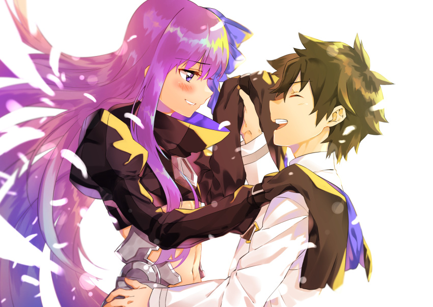 1boy 1girl asa_kusa_99 black_hair blue_eyes blush fate/extra fate/extra_ccc fate/grand_order fate_(series) fujimaru_ritsuka_(male) hair_ribbon hand_holding hand_on_another's_hip hand_on_another's_shoulder highres long_hair long_sleeves looking_at_another meltlilith navel open_mouth purple_hair ribbon short_hair smile white_background