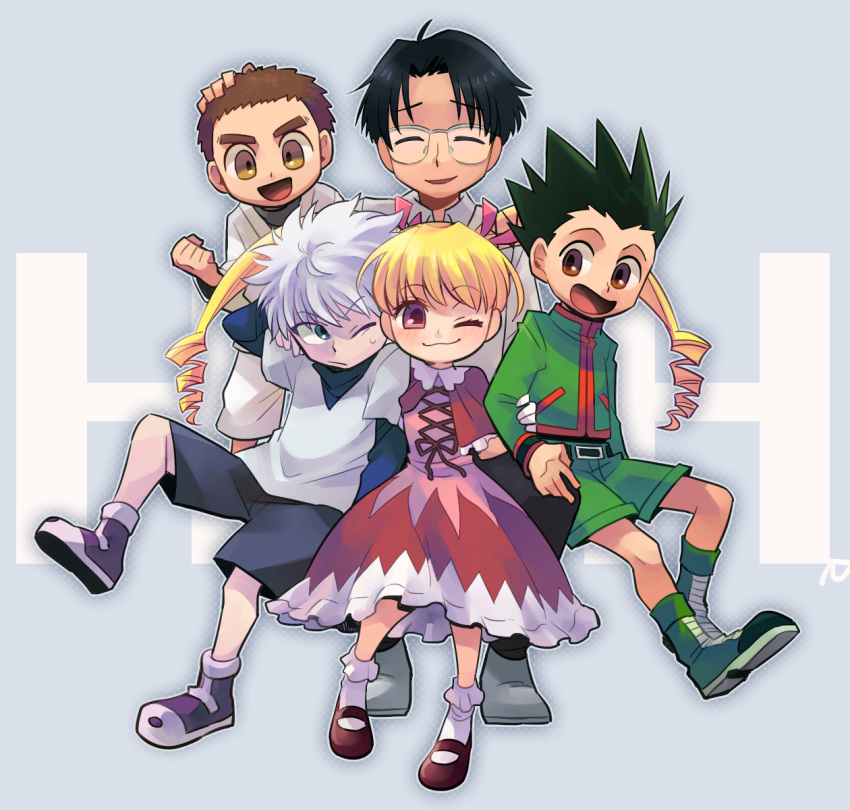1girl 4boys biscuit_krueger black_hair blonde_hair blue_eyes brown_eyes brown_hair closed_eyes dress drill_hair glasses gon_freecss hair_ribbon haku_le hand_on_another's_head highres hunter_x_hunter jacket killua_zoldyck multiple_boys one_eye_closed open_mouth over-rim_glasses pink_dress pink_eyes ribbon semi-rimless_glasses shoes shorts smile sneakers spiky_hair twin_drills white_hair wing_(hunter_x_hunter) zushi