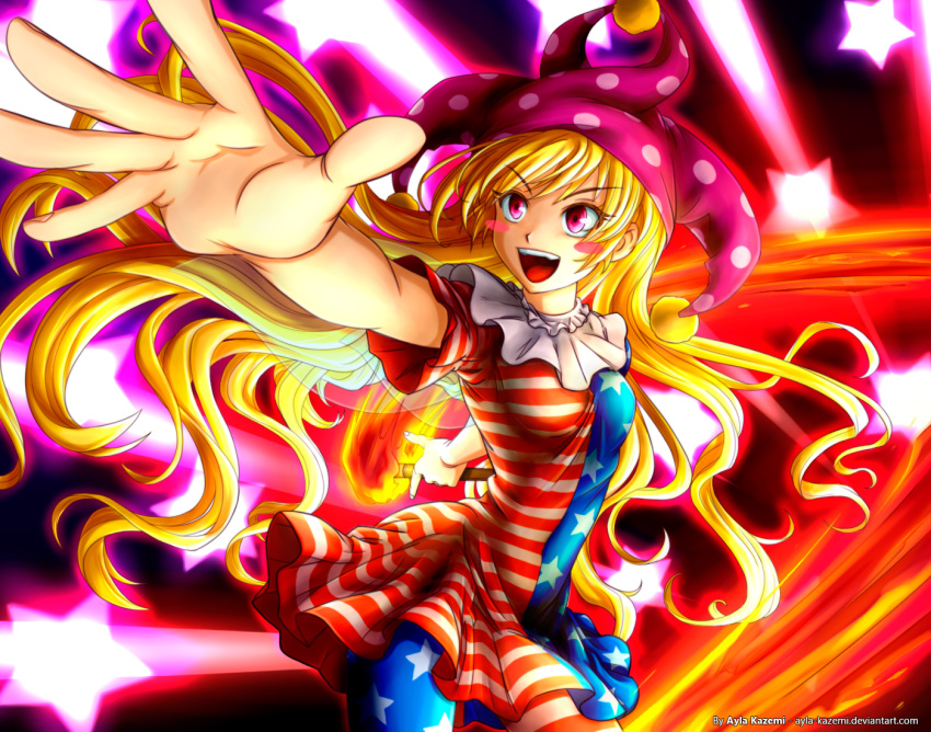 1girl american_flag american_flag_dress american_flag_legwear ayla_kazemi beam blonde_hair blush_stickers breasts clownpiece covered_navel danmaku doyagao fairy_wings fire foreshortening glowing hat jester_cap left-handed long_hair open_mouth outstretched_arms outstretched_hand pantyhose pink_eyes small_breasts smile solo star torch touhou transparent_wings wings