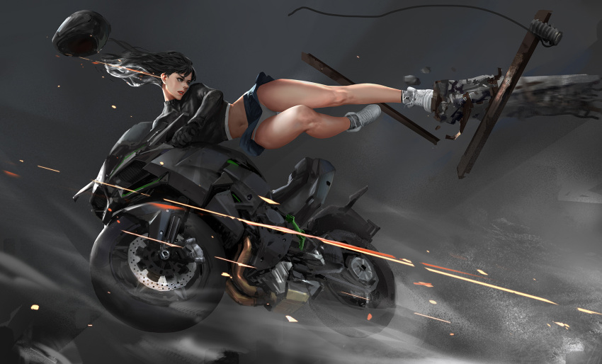 1girl bangs biker_clothes black_collar black_gloves black_hair black_jacket blue_eyes blue_skirt clenched_teeth collar cropped_jacket eyelashes floating_hair flying_kick full_body gloves groin ground_vehicle headwear_removed helmet helmet_removed highres jacket kicking kouchong_wen legs lipstick long_hair long_sleeves makeup microskirt midair midriff miniskirt motor_vehicle motorcycle navel nose open_mouth original panties pantyshot red_lips red_lipstick riding shards shoelaces shoes skirt sneakers socks solo stomach teeth thigh_gap thighs underwear upskirt vehicle white_legwear white_panties white_shoes wind