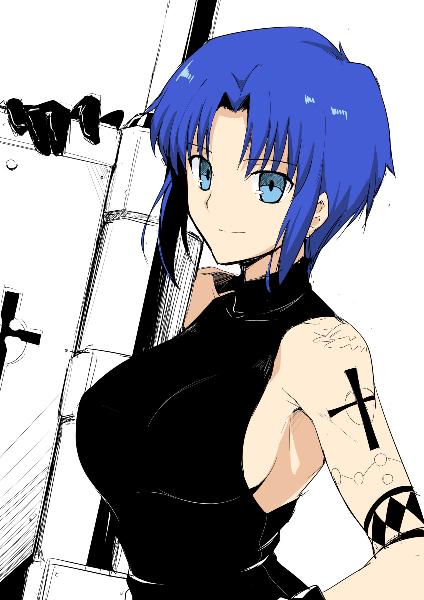 1girl absurdres blue_eyes blue_hair breasts ciel cross gloves harukon_(halcon) highres holding holding_weapon large_breasts looking_at_viewer seventh_holy_scripture shirt short_hair sideboob sidelocks sleeveless sleeveless_shirt smile solo tattoo tsukihime upper_body weapon white_background