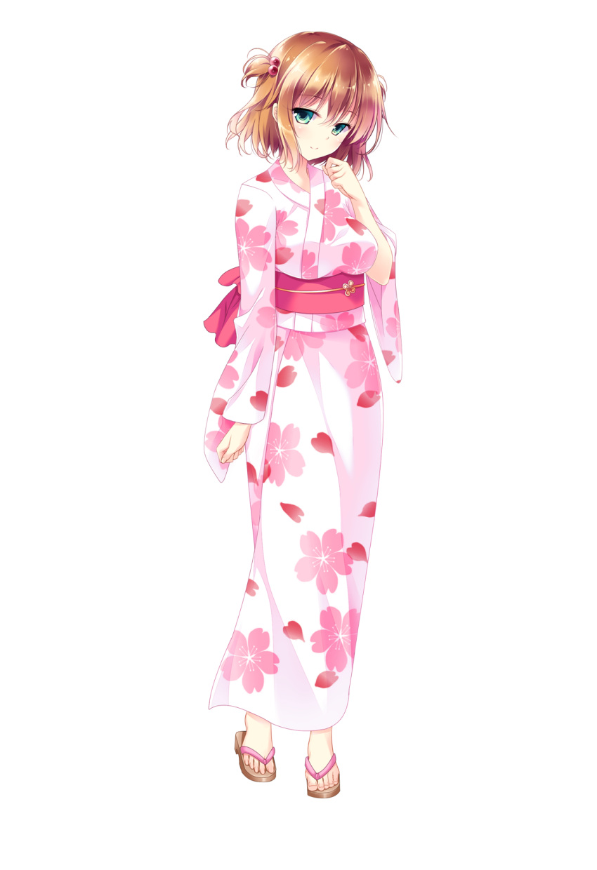 1girl aqua_eyes bangs breasts brown_hair eyebrows_visible_through_hair floral_print full_body golden_marriage hair_ornament hayakawa_harui highres japanese_clothes kimono looking_at_viewer medium_breasts obi official_art sash short_hair smile solo standing transparent_background wide_sleeves