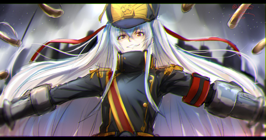 1girl bangs eyebrows_visible_through_hair floating_swords gauntlets grin gunpuku_no_himegimi hair_between_eyes hat isshiki_(ffmania7) letterboxed long_hair military military_hat military_uniform multiple_swords outstretched_arms parted_lips re:creators red_eyes smile smirk solo two_side_up uniform upper_body