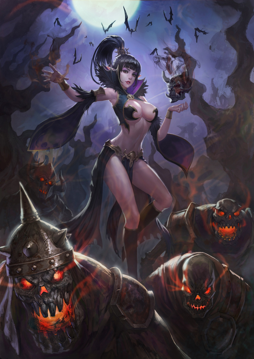 1girl absurdres armor bangs bare_shoulders bare_tree bat black_boots black_skirt blunt_bangs boots breastplate breasts brown_hair cleavage commentary darkness detached_sleeves eyelashes eyeliner fangs feather-trimmed_sleeves feather_trim fingernails full_moon glowing glowing_eyes groin hands_up helmet high_collar high_ponytail highres horns knee_boots large_breasts legs liebe_loss lips long_fingernails long_hair looking_at_viewer magician makeup mascara midriff moon navel night night_sky nose original outdoors parted_lips pauldrons pelvic_curtain pointy_ears ponytail red_lips sidelocks skeleton skirt skull sky smile solo spiked_helmet teeth torn torn_clothes torn_skirt tree undead zombie