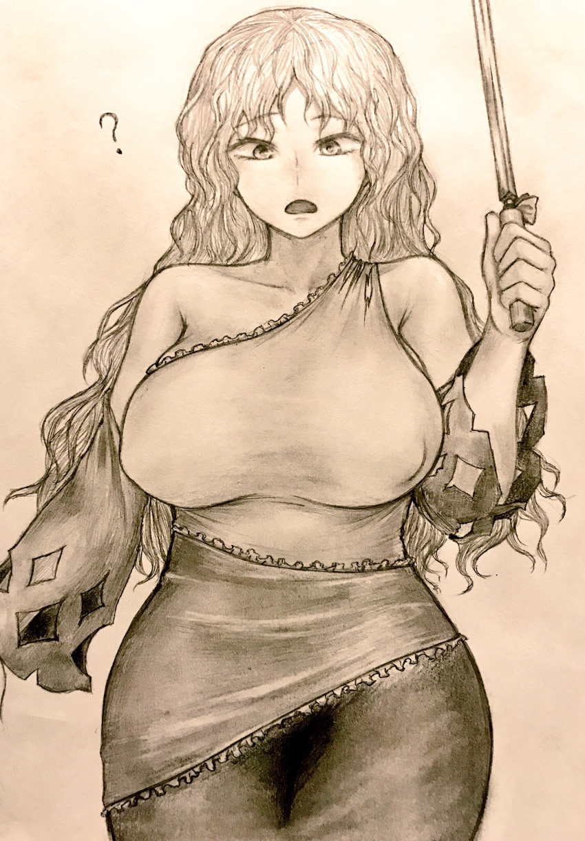 1girl ? bare_shoulders breasts collarbone curvy detached_sleeves dress erect_nipples hatchet highres large_breasts long_hair mature monochrome no_bra open_mouth oriental_hatchet sakata_nemuno single_strap sleeveless sleeveless_dress solo touhou traditional_media wavy_hair wide_hips yuugatou_(yuuzutu)