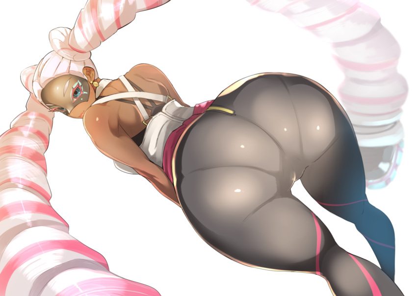 1girl arms_(game) ass bare_shoulders bent_over blue_eyes breasts dark_skin drill_hair earrings hips huge_ass jewelry lips long_hair looking_at_viewer looking_back mask medium_breasts nuezou pants pantylines pink_hair simple_background smile solo thick_thighs thighs tight tight_pants twin_drills twintelle_(arms) very_long_hair white_background wide_hips