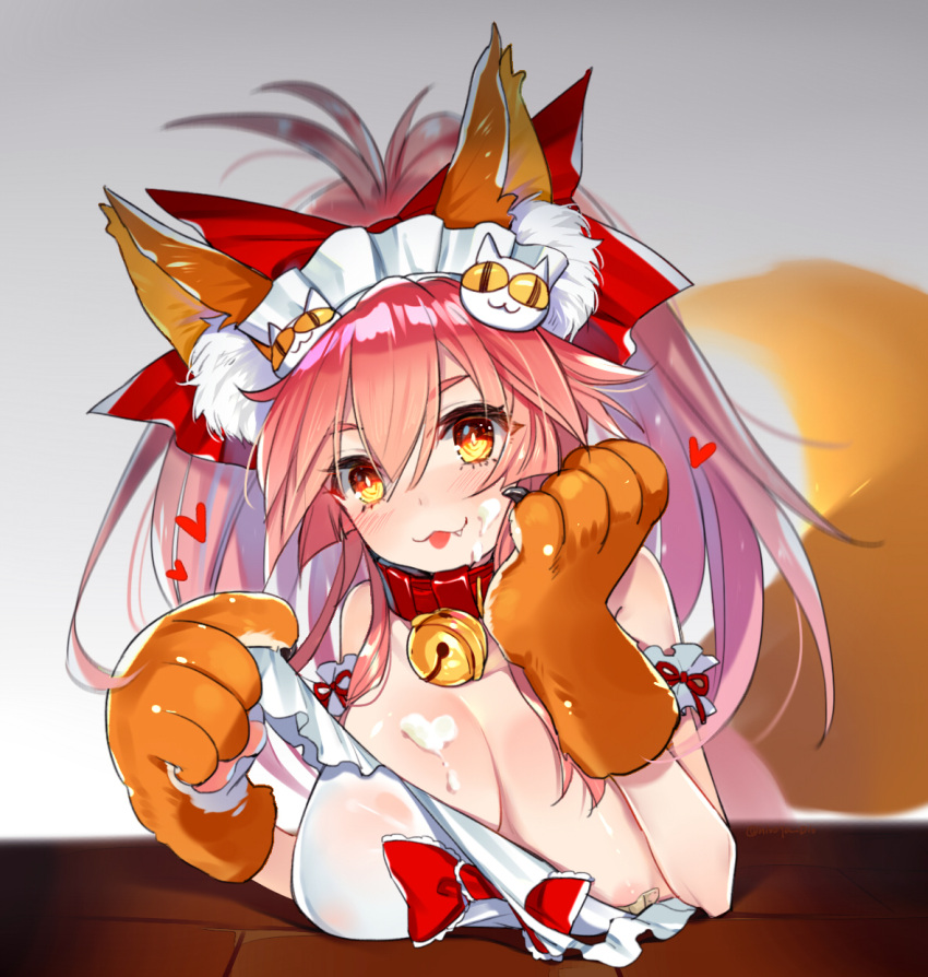 1girl :3 animal_ears apron apron_pull bell bell_collar bending_forward breasts catsizuru cleavage collar fate/grand_order fate_(series) fox_ears fox_tail gloves hair_ribbon highres large_breasts long_hair looking_at_viewer naked_apron no_bra open_mouth paw_gloves paws pink_hair ribbon table tail tamamo_(fate)_(all) tamamo_cat_(fate) upper_body wavy_mouth yellow_eyes