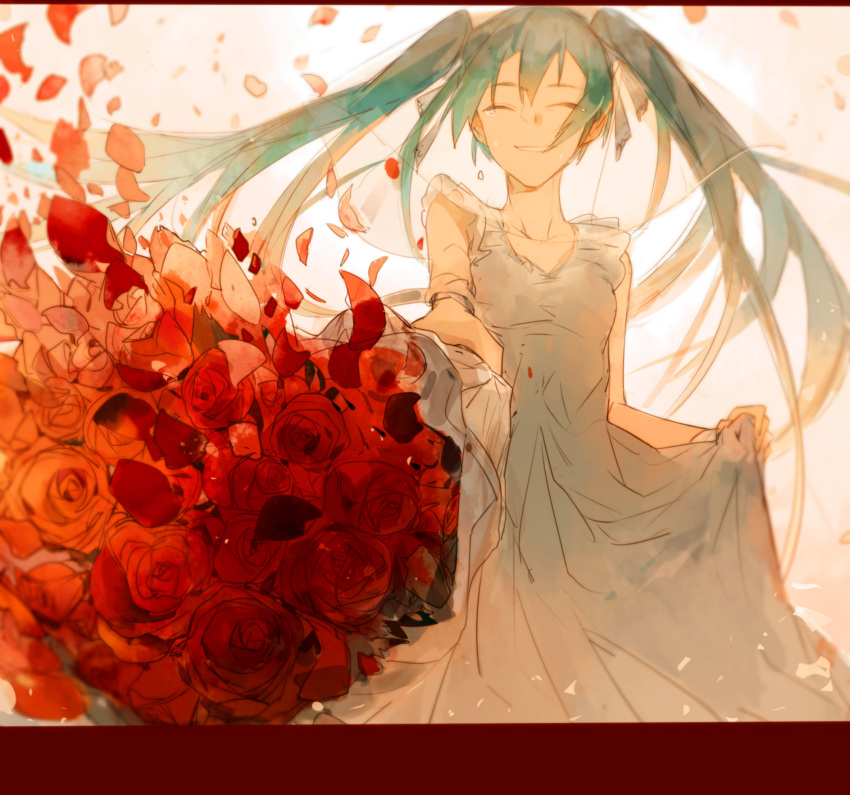 1girl blue_hair bouquet closed_eyes commentary crying dress eyebrows_visible_through_hair floating_hair flower gradient gradient_background grey_dress happy hatsune_miku highres letterboxed long_hair outstretched_arm petals pink_background puffy_short_sleeves puffy_sleeves red_flower red_rose rose short_sleeves simple_background smile solo_focus tears teeth twintails vocaloid white_background