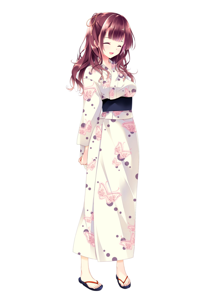 1girl animal_print bangs breasts brown_hair butterfly butterfly_print closed_eyes eyebrows_visible_through_hair full_body golden_marriage hayakawa_harui highres ichijouji_toko japanese_clothes kimono long_hair medium_breasts official_art open_mouth sandals smile solo standing transparent_background