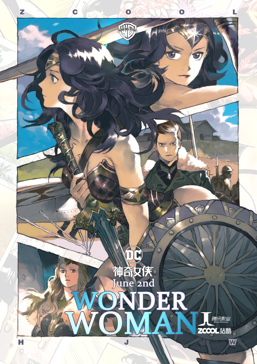 1boy 2girls absurdres armlet black_eyes black_hair breasts brown_hair chinese circlet cleavage commentary_request dc_comics highres hippolyta_(dc) house huang_jia-wei huang_jiawei jacket medium_breasts movie_poster multiple_girls shield steve_trevor sword weapon wonder_woman wonder_woman_(series)