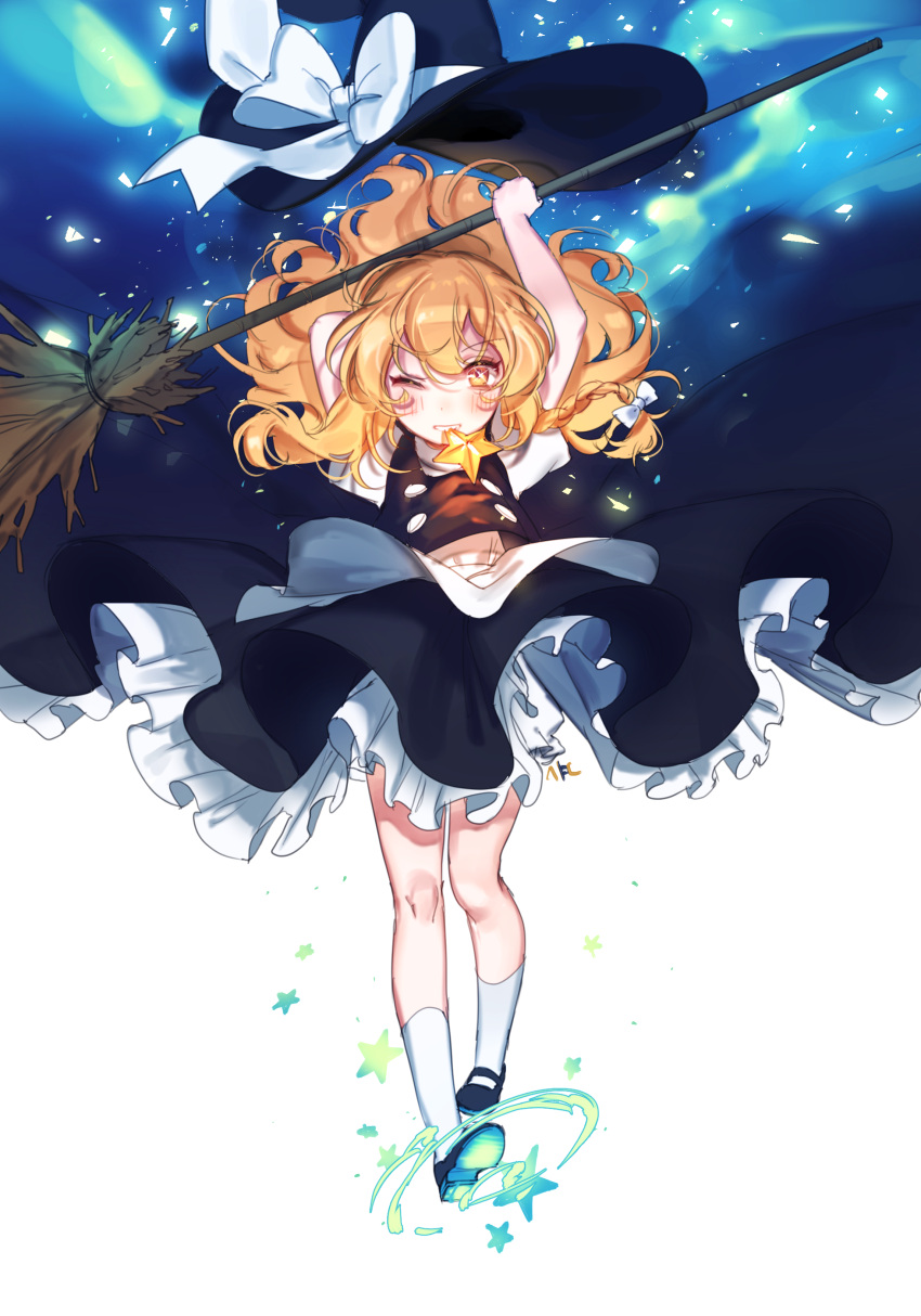 1girl ;) absurdres aurora blonde_hair bloomers blush broom collared_shirt full_body grin hat hat_flying_off highres kirisame_marisa long_hair mary_janes messy_hair mouth_hold one_eye_closed shirt shoes short_sleeves skirt smile socks solo star teeth_hold tis_(shan0x0shan) touhou tsurime underwear vest wavy_hair witch_hat yellow_eyes