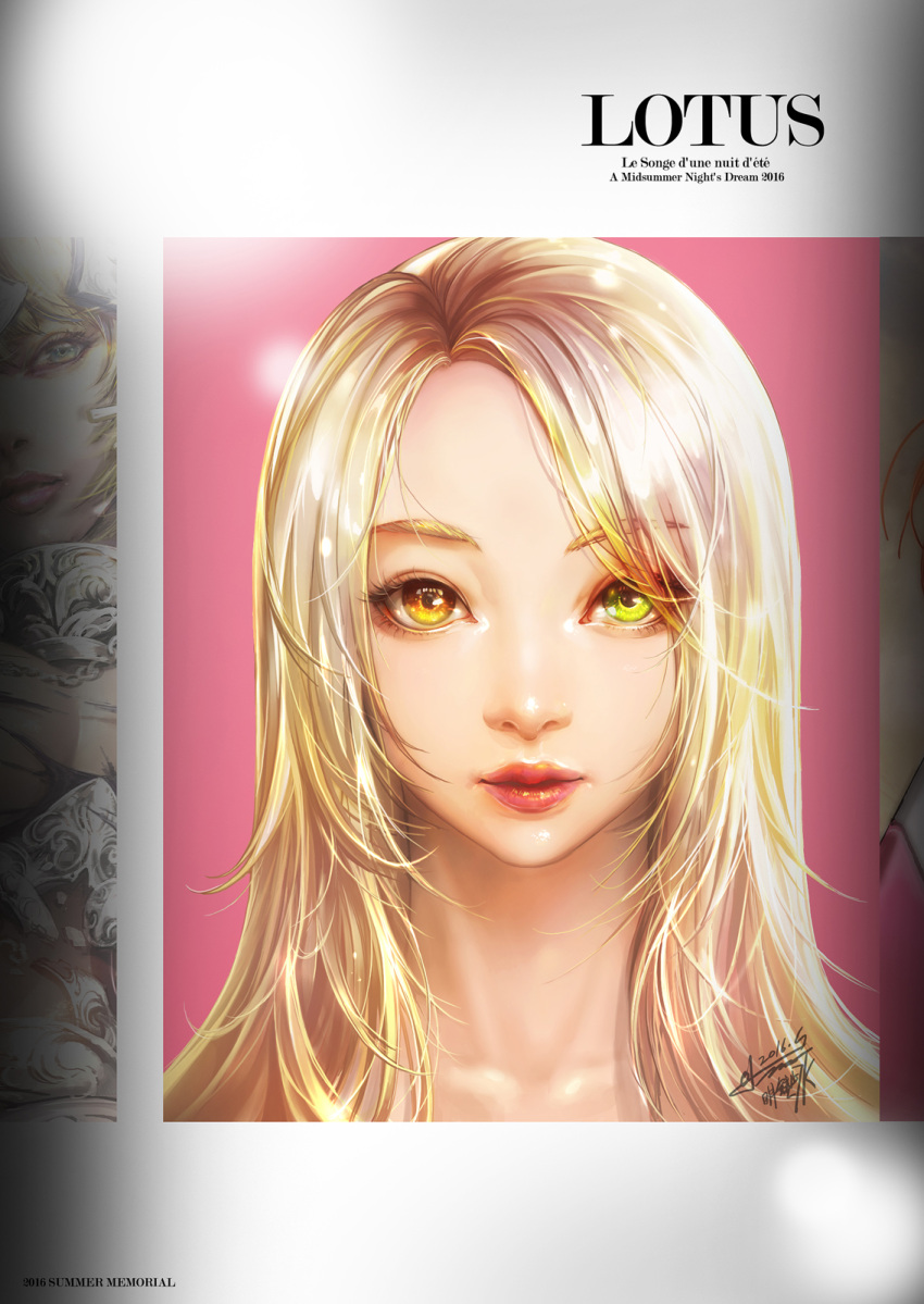 1girl blonde_hair dated green_eyes heterochromia highres isaac_liew lips looking_at_viewer pink_lips signature solo yellow_eyes