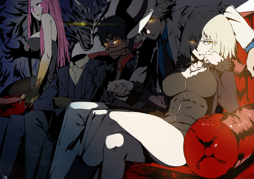 ahoge avenger black_hair breasts claws contemporary couch dark dress edmond_dantes_(fate/grand_order) fate/grand_order fate_(series) fedora formal fur-trimmed_sleeves fur_trim glowing glowing_eyes gorgon_(fate) hat headless hessian_(fate/grand_order) jeanne_alter large_breasts lobo_(fate/grand_order) nanaya_(daaijianglin) necktie purple_hair rider ruler_(fate/apocrypha) shadow short_dress tattoo violet_eyes white_hair wolf yellow_eyes