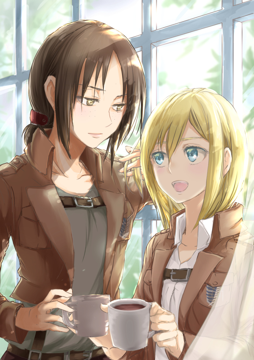 2girls absurdres blonde_hair blue_eyes brown_eyes brown_hair christa_renz coffee coffee_mug collarbone collared_shirt freckles half-closed_eyes hand_in_hair highres jacket multiple_girls open_clothes open_jacket pink_lips ponytail shingeki_no_kyojin shirt smile window ymir_(shingeki_no_kyojin) yuri