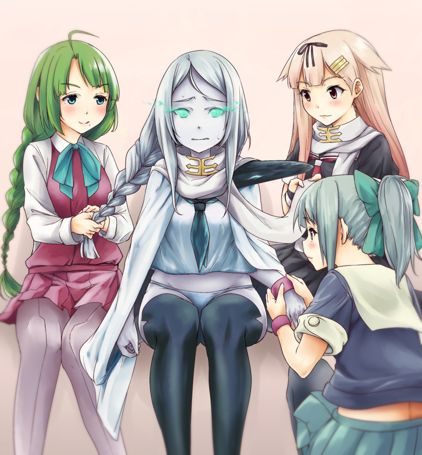 4girls ahoge aqua_eyes black_ribbon blonde_hair blurry braid braiding_hair brown_eyes burning_eyes green_hair hair_ornament hair_ribbon hairclip hairdressing haregama_shiina highres invisible_chair kantai_collection mole mole_under_mouth multiple_girls panties pantyhose ponytail ribbon school_uniform serafuku shinkaisei-kan silver_hair single_braid sitting squatting sweat ta-class_battleship thigh-highs underwear white_skin wristband yuubari_(kantai_collection) yuudachi_(kantai_collection) yuugumo_(kantai_collection)