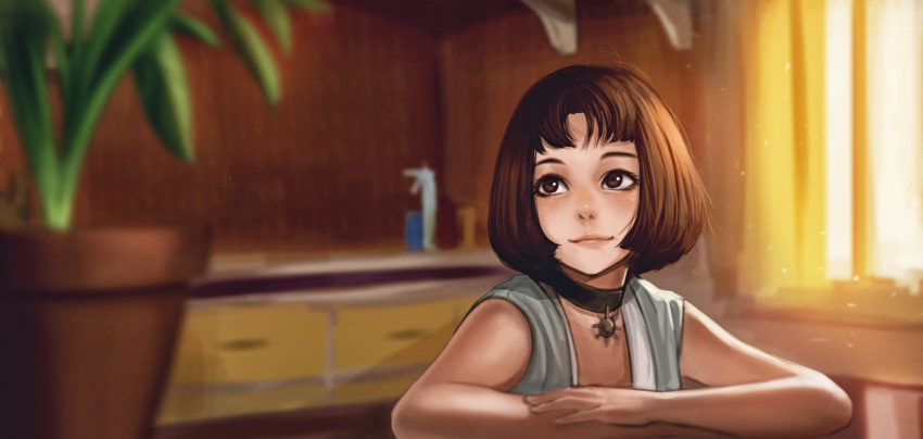 1girl black_choker brown_eyes brown_hair choker closed_mouth crossed_arms desk grey_shirt highres indoors jewelry jungon_kim leon_the_professional looking_afar mathilda mathilda_lando pendant plant potted_plant shirt short_hair smile solo sunlight window