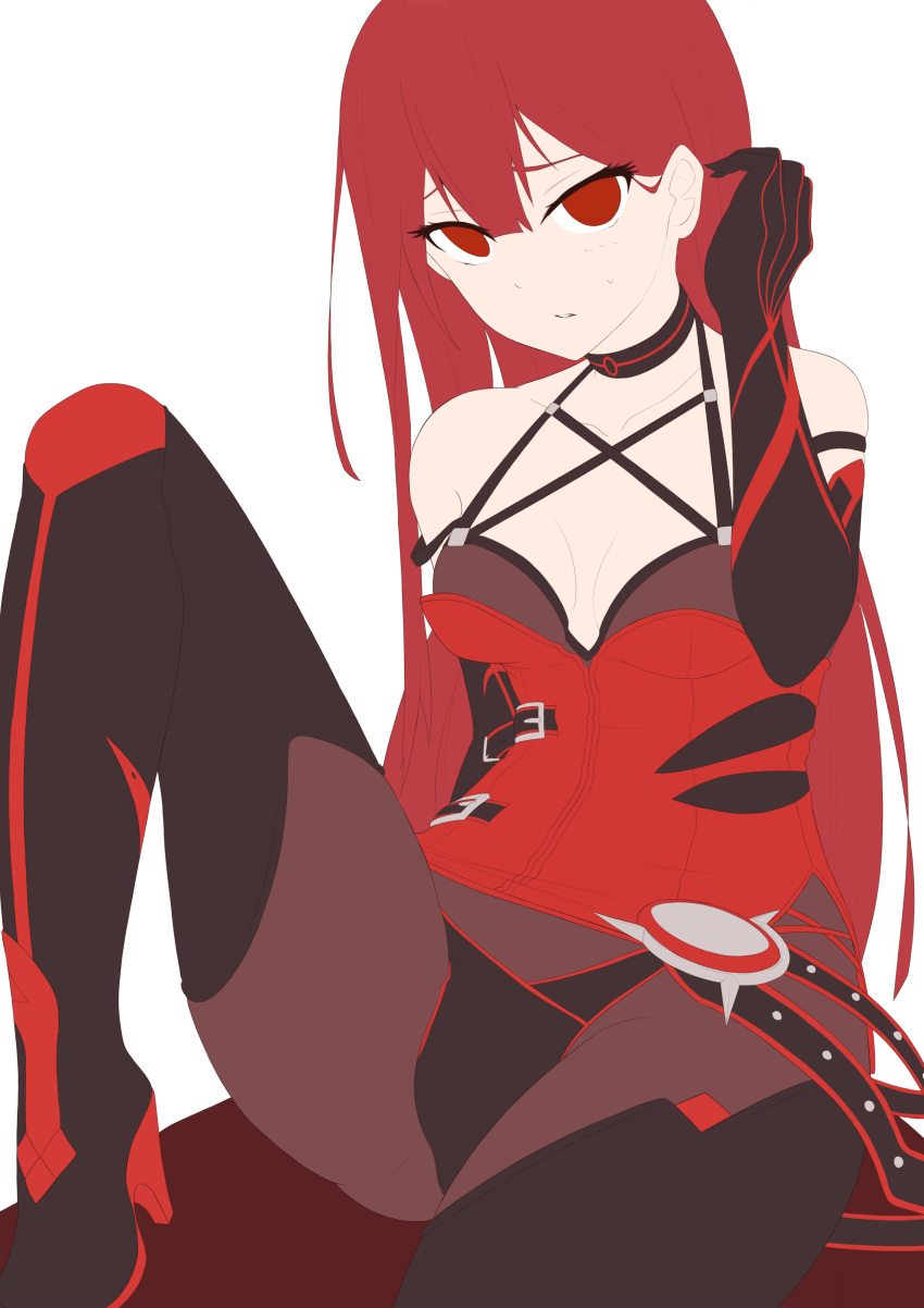 1girl absurdres bangs black_boots black_gloves black_legwear bodysuit boots breasts bu_li camisole elbow_gloves elesis_(elsword) elsword gloves groin hand_in_hair hand_up highres knee_up legs_apart long_hair looking_at_viewer medium_breasts parted_lips red_eyes red_gloves redhead simple_background sitting solo thigh-highs thigh_boots white_background work_in_progress
