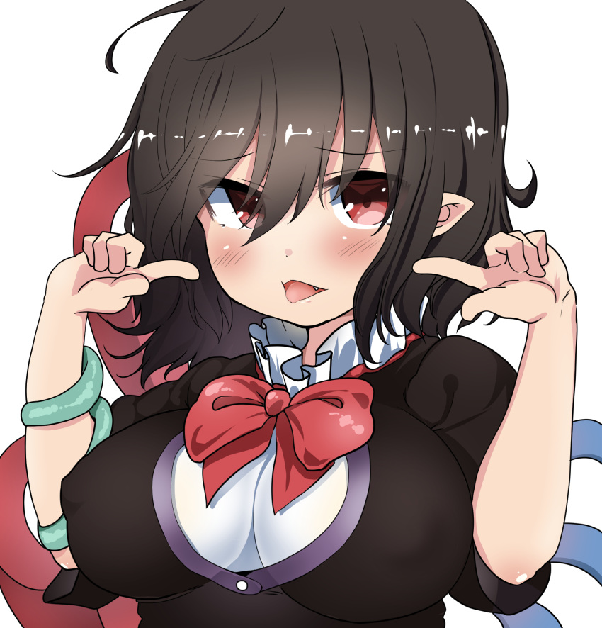 1girl ahoge asymmetrical_wings black_hair blush bow bowtie breasts erect_nipples fang highres houjuu_nue impossible_clothes large_breasts looking_at_viewer pointing pointing_at_self pointy_ears puffy_nipples short_hair shy solo takashi_(nekoro) tongue tongue_out touhou wings