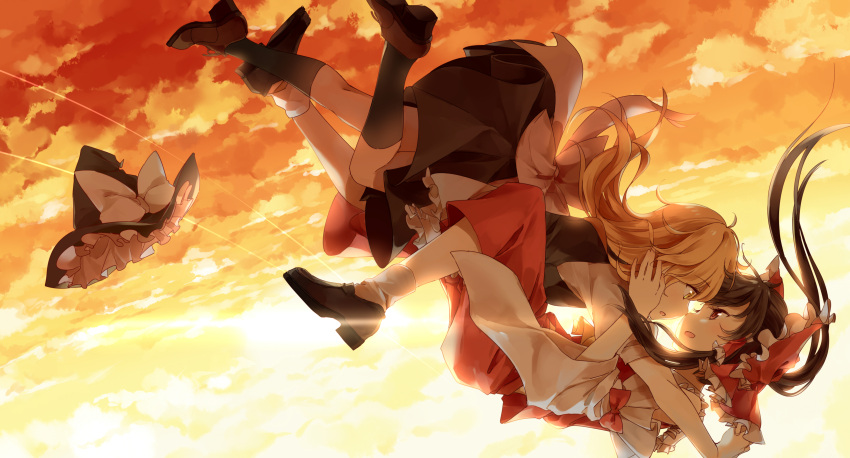 2girls :d :o absurdres apron ascot black_hat black_legwear black_shoes black_skirt blonde_hair bow brown_hair brown_shoes clouds cloudy_sky dena.ei face-to-face falling flying hair_bow hair_tubes hakurei_reimu hands_on_another's_cheeks hands_on_another's_face hat hat_bow hat_removed headwear_removed highres incipient_kiss kirisame_marisa long_hair looking_at_another multiple_girls noses_touching open_mouth outdoors red_bow red_eyes red_skirt shoes skirt skirt_set sky smile socks sunset touhou vest white_bow white_legwear witch_hat yellow_eyes yuri