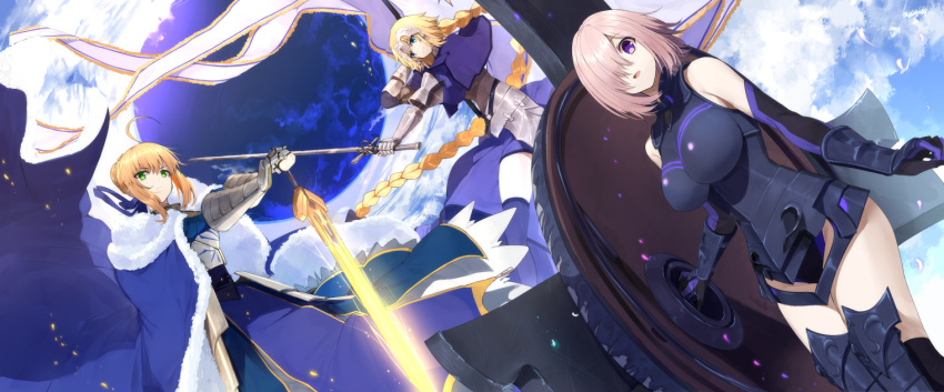 ahoge armor armored_dress black_legwear blonde_hair blue_eyes braid breasts fate/grand_order fate_(series) faulds gauntlets green_eyes hair_over_one_eye headpiece purple_hair ruler_(fate/apocrypha) saber shield shielder_(fate/grand_order) short_hair sword touzai_(poppin_phl95) violet_eyes weapon