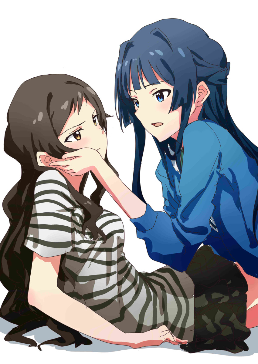2girls absurdres ayano_yuu_(sonma_1426) black_hair blue_eyes breasts brown_eyes brown_hair commentary_request eye_contact hand_on_another's_cheek hand_on_another's_face highres idolmaster idolmaster_million_live! implied_yuri kitazawa_shiho long_hair looking_at_another medium_breasts mogami_shizuka multiple_girls open_mouth shirt skirt striped striped_shirt