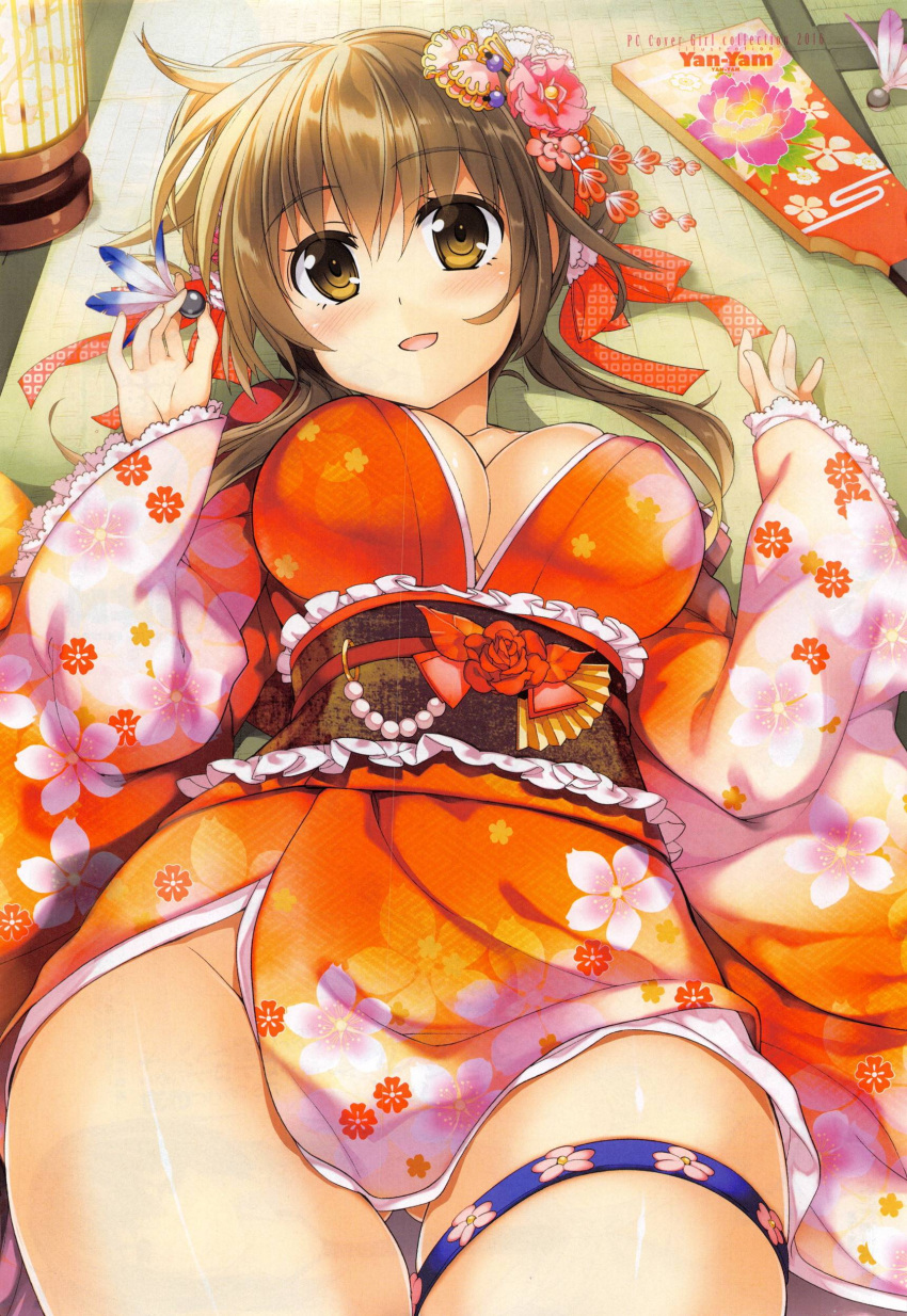 1girl absurdres bangs blush breasts brown_eyes brown_hair cleavage comic_penguin_club detached_sleeves eyebrows_visible_through_hair floral_print hagoita hair_ornament hanetsuki highres indoors japanese_clothes kimono large_breasts long_hair looking_at_viewer lying medium_breasts obi on_back open_mouth original paddle sash scan smile solo thigh_strap wide_sleeves yan-yam