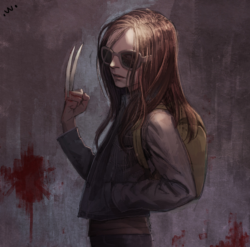 1girl backpack bag black_jacket blood blood_on_wall brown_hair buttons from_side hand_in_pocket highres jacket laura_kinney logan_(movie) long_hair long_sleeves nose parted_lips solo sung_uk_kim sunglasses x-23