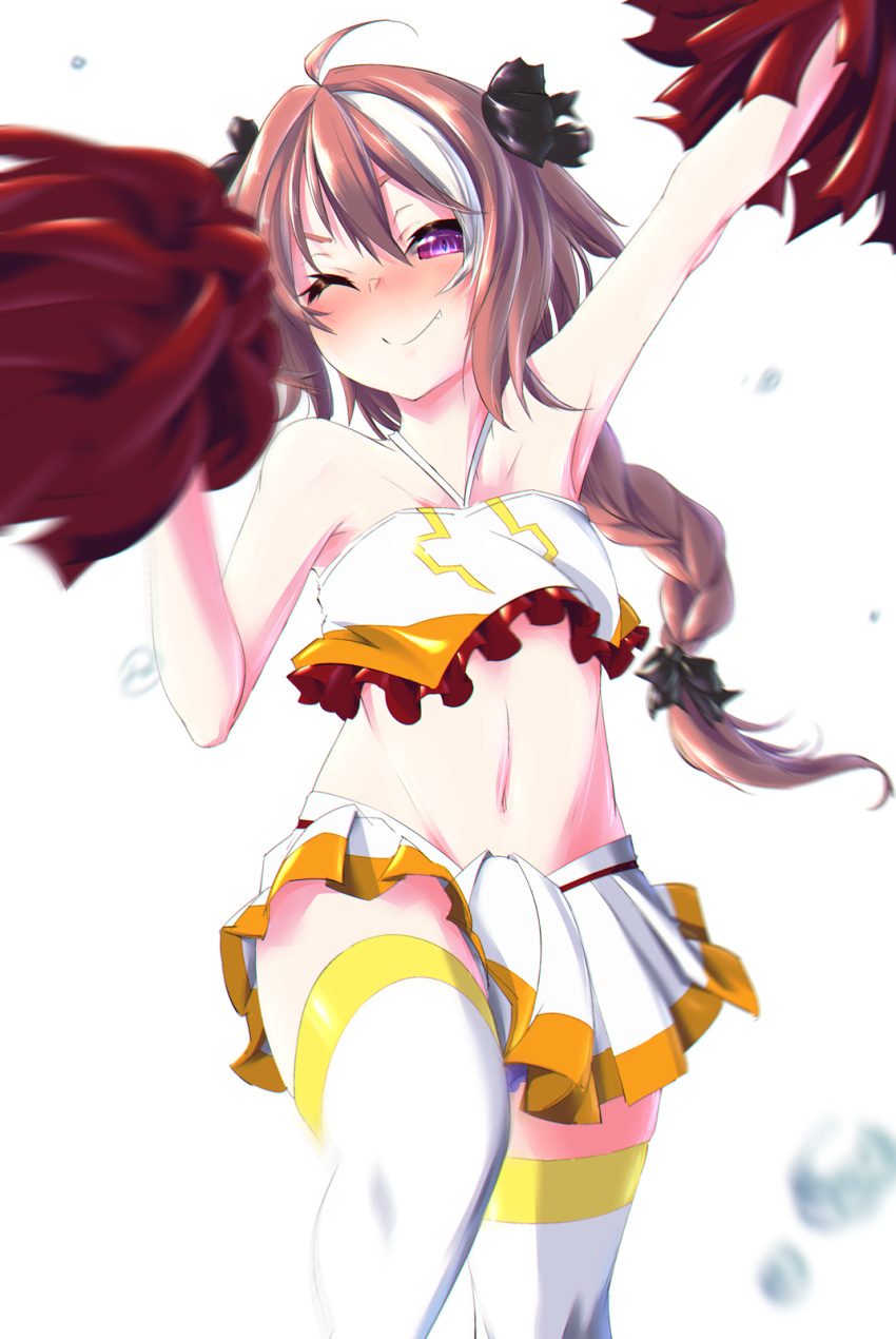 1boy armpits blush braid cheerleader clothes_writing crop_top crop_top_overhang fang fate/apocrypha fate_(series) hair_ribbon highres long_hair looking_at_viewer male_focus midriff miniskirt navel open_mouth pink_hair pom_poms ribbon rider_of_black shoes single_braid skirt sleeveless smile sneakers solo thigh-highs trap violet_eyes