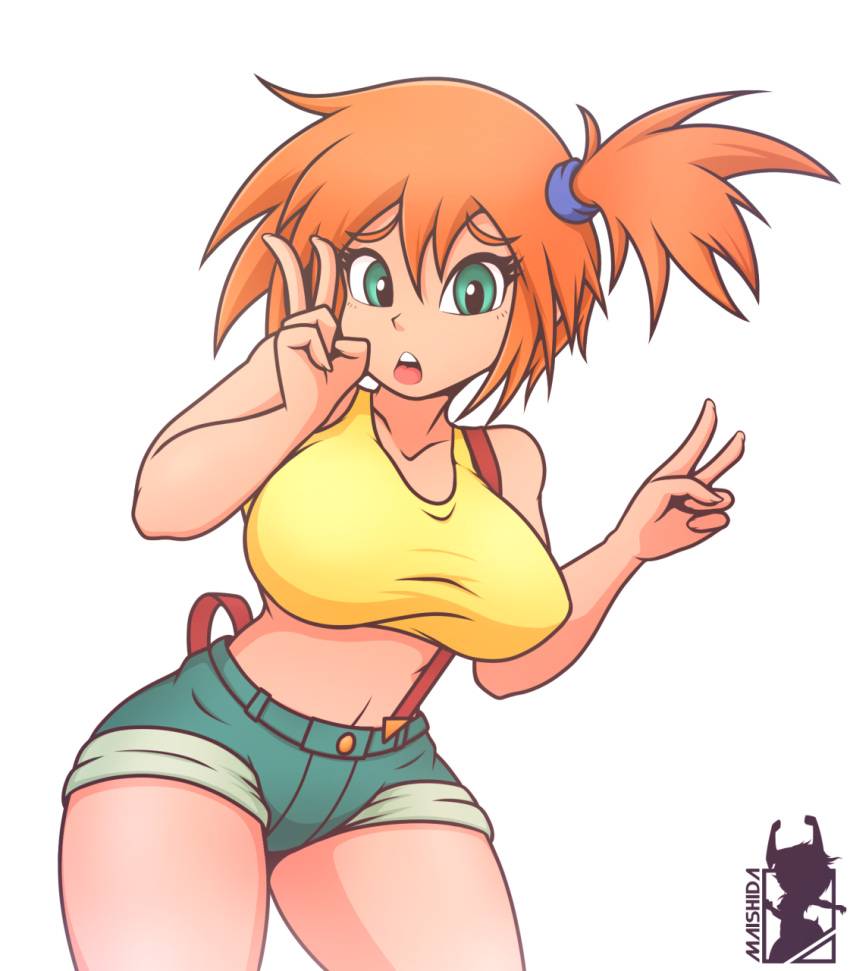 1girl bangs crop_top female green_eyes highres kasumi_(pokemon) maishida midriff open_mouth orange_hair pokemon shirt short_shorts shorts side_ponytail solo suspenders suspenders_slip tagme taut_clothes taut_shirt v