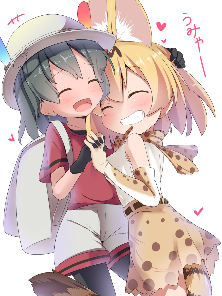 +++ 2girls :d ^_^ animal_ears backpack bag black_gloves black_legwear blonde_hair blush bow bowtie bucket_hat closed_eyes commentary_request elbow_gloves extra_ears fang gloves green_hair grin hand_holding hand_on_another's_head happy hat hat_feather heart highres interlocked_fingers kaban_(kemono_friends) kemono_friends makuran multiple_girls open_mouth pantyhose_under_shorts print_bowtie print_gloves print_skirt red_shoes serval_(kemono_friends) serval_ears serval_print serval_tail shirt shoes short_hair shorts simple_background skirt sleeveless sleeveless_shirt smile tail teeth translated white_background white_shirt