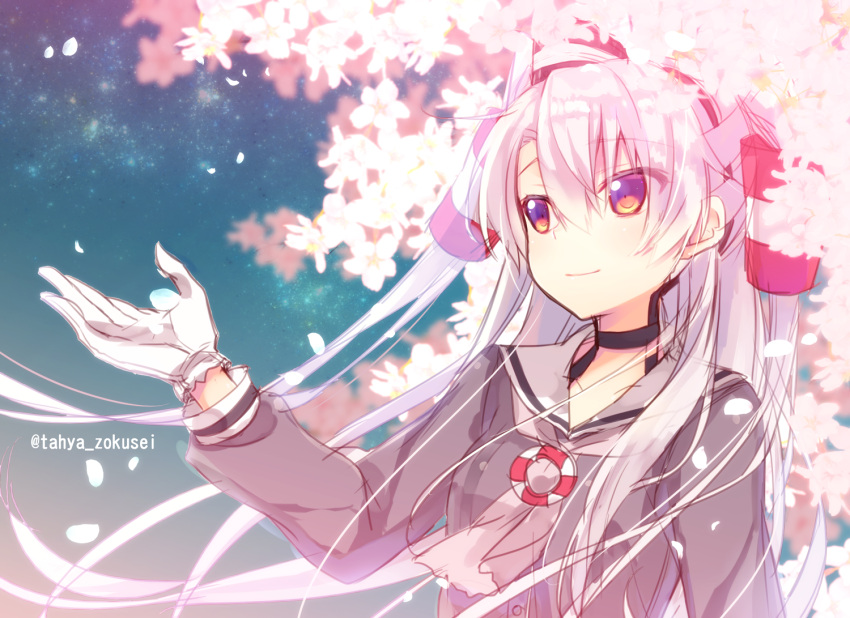 1girl amatsukaze_(kantai_collection) brown_eyes commentary_request dress flower garter_straps gloves hair_tubes kantai_collection long_hair night night_sky petals sailor_dress silver_hair sky smile solo star star_(sky) starry_sky tahya twintails twitter_username two_side_up upper_body very_long_hair white_gloves windsock