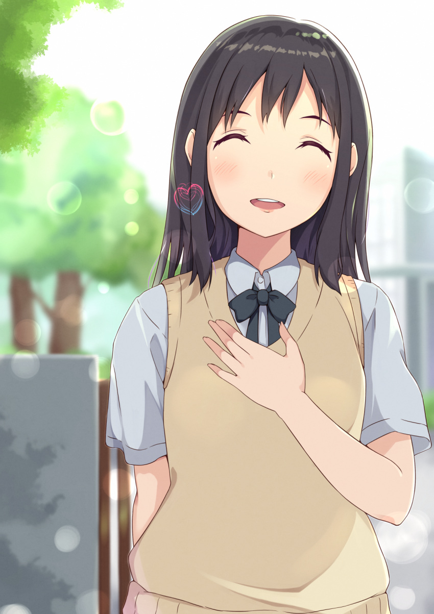 1girl :d ^_^ arm_behind_back black_hair black_ribbon blurry blush bushinofuji closed_eyes collared_shirt day depth_of_field hand_on_own_chest head_tilt heart highres long_hair neck_ribbon open_mouth outdoors ribbon school_uniform seiren shirt smile solo sweater_vest touno_kyouko tree wing_collar
